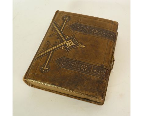 VICTORIAN LEATHER BOUND 'FOUR ELEMENTS' PHOTOGRAPH ALBUM, containing Victorian portrait photographs, brass clasp