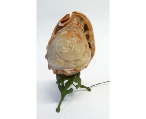 LATE 19TH/EARLY 20TH CENTURY CARVED CONCH SHELL BEDSIDE LAMP carved with scene from Greek mythology Pan the Pipe and semi nud