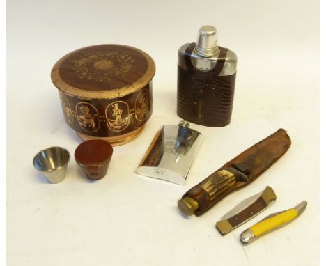 BONE HANDLED HUNTING KNIFE, in leather sheaf, TOGETHER WITH NINE POCKET KNIVES, a stainless steel hip flask covered in croc g