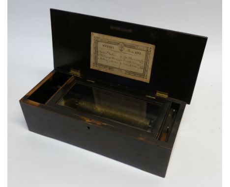 LATE NINETEENTH CENTURY CYLINDER MUSIC BOX, No.48646, PLAYING SIX AIRS, 8 ½" (21.5cm) long cylinder with single steel comb wi