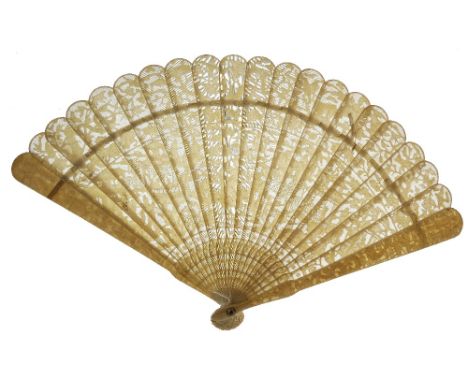 WELL CARVED AND FINELY PIERCED 19TH CENTURY JAPANESE IVORY BRISE FAN having 19 sticks carved and pierced to form an overall l