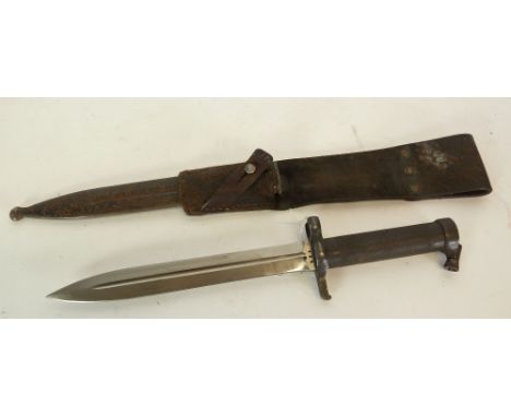 SWEDISH KNIFE BAYONET with single edge, 8 1/4" (21cm) blade, having tubular steel grip with engine turning, in METAL SCABBARD