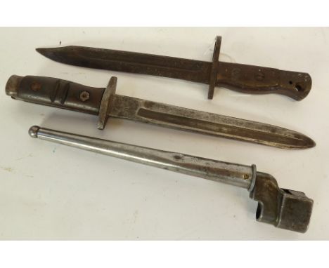 BRITISH SPIKE BAYONET No4 MKII with STEEL SCABBARD, a REMMINGTON USA 1917 PATTERN BAYONET, ground down and a KNIFE BAYONET OF