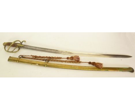 19TH CENTURY CAVALRY SABRE HAVING CURVED SINGLE EDGE FULLERED BLADE, boldly etched with military trophies and foliate scrolls