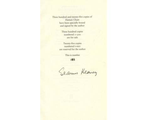 Signed by AuthorHeaney (Seamus) Human Chain, 8vo L. 2010. Signed Lim. Edn. No. 185 (325), cloth backed boards, slipcase; also