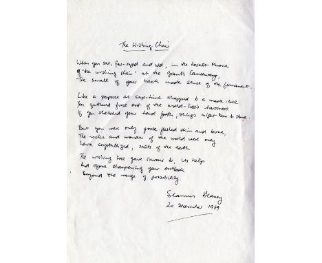 Signed Manuscript Poem[Heaney (Seamus) 1939-2013, Nobel Laureate 1995] A signed holograph manuscript copy of his Poem 'The Wi
