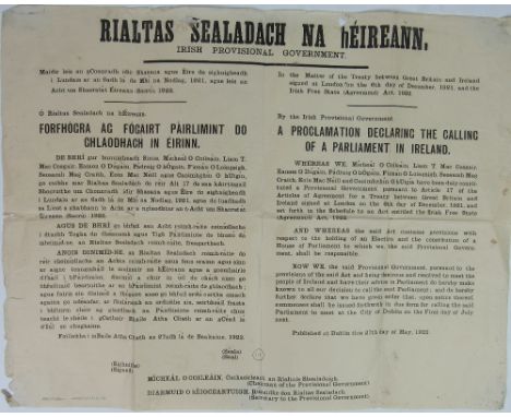 Very Rare 1922 Proclamation - Probably UnrecordedRIALTAS SEALADACH NA hÉIREANN.  IRISH PROVISIONAL GOVERNMENT.In the Matter o