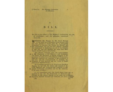 The Abdication of Edward VIII, 1936Printed Act: Print text headed “A Bill to give effect to His Majesty's abdication, brought