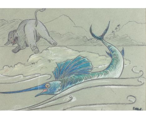 Somerville (Edith Oenone) [1858-1949] The Elephant and the Swordfish, pastel on grey paper, 10" x 14", signed monogram l.r.; 