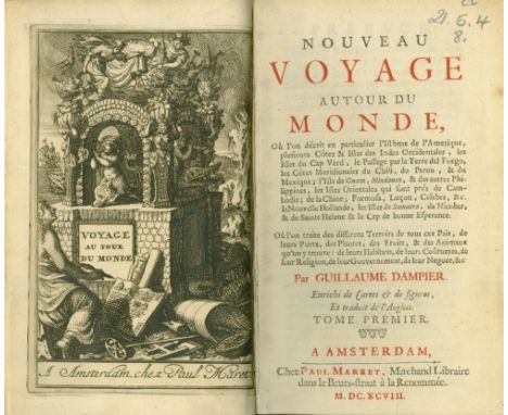 Dampier (Wm.) Nouveau Voyage autour du Monde, 2 vols. in one, 12mo Amsterdam 1698 First French Edn. 2 Engd. add. pict. title,