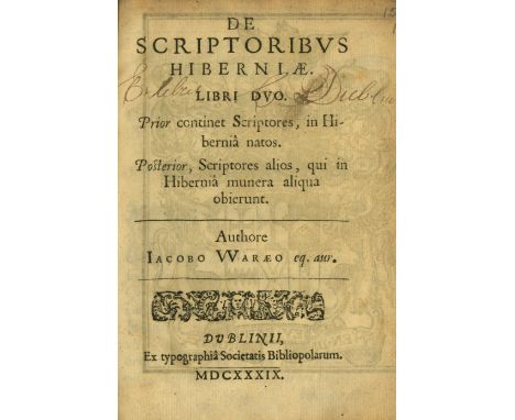 Ware (James) De Scriptoribus Hiberniae, Libri Duo. sm. 4to D. 1639. First Edn., wd. cut coat of arms on verso of title, cont.