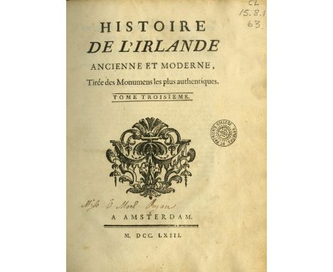Mac-Geoghegan (Abbe) Histoire de l'Irlande Ancienne et Moderne, 3 vols. 4to Paris 1758 First Edn. 5 lg. fold. maps (1 hd. col