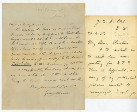 Moore (George)  [1852-1933]   Two short ALS, the first to Lady March, June 30 (no year), 1 pp, from 121 Ebury St.,  discussin