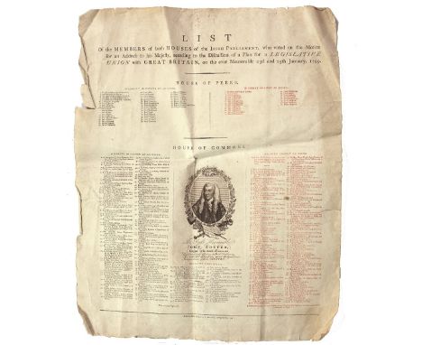 Broadsheet Celebrating the Defeat of the Act of Union, 1799Broadsheet printed in Dublin (W. Dowling) 1799, 60 x 48 cm.  Lists