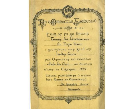 O'Concheanainn (Tomás) A Certificate from An tOireachtas Gaedhealach, 1901, stating that Tomás Ó Concheanainn won second priz