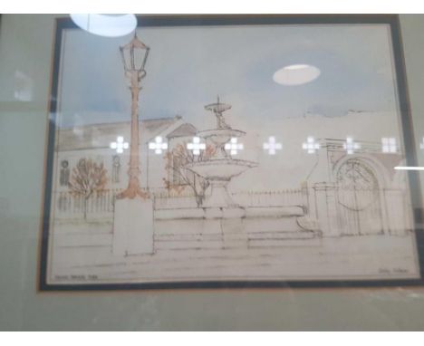"Water Fountain by Church Gate", mixed media on paper, singer lower right, framed 