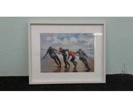 "Aran Men", coloured print, framed 