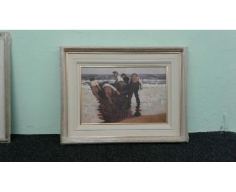"Pushing the boat out", coloured print, framed 