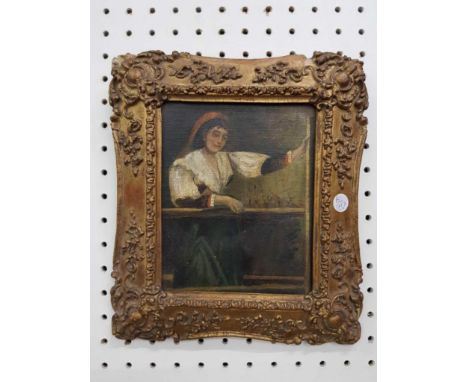 "Portrait of a Woman Wearing a Red Headdress", oil on panel, framed 