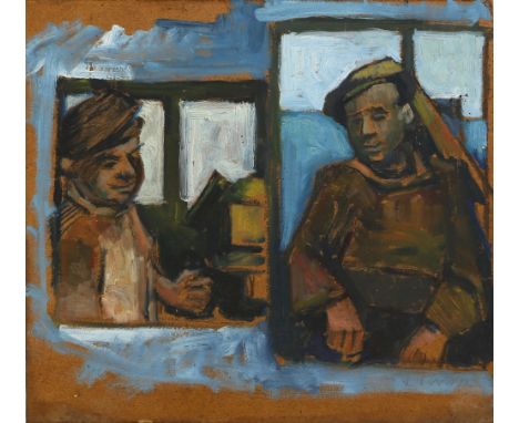 Jack Pender (British, 1918-1998) portrait of the artists father in the wheelhouse of their fishing boat, oil on board, signed