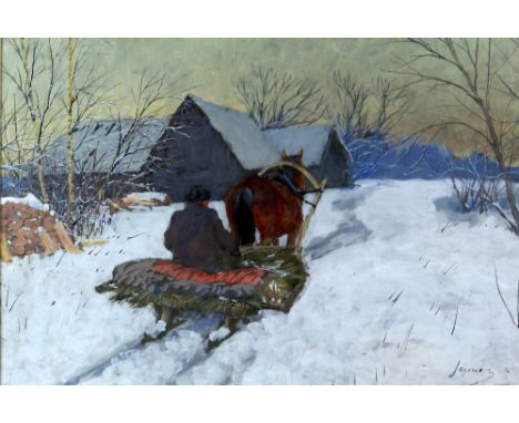 Andrei Afanas Evich Egorov (1878-1954) Horse drawn sled in a winter landscape, tempera, signed, 31cm x 47cm.    .    