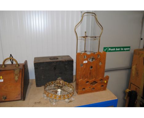 A metal three tier stand; a light fitting with prism drops; a vintage wooden box and a wall shelf