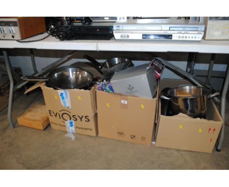 Three boxes containing various kitchenalia