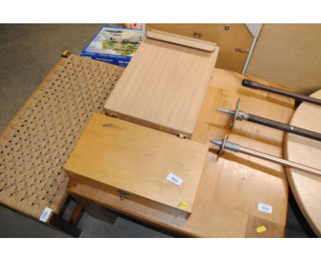 An artists travelling easel and a paint box with some contents 