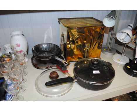 An Art Deco style brass coal bin with a quantity of Kitchenalia