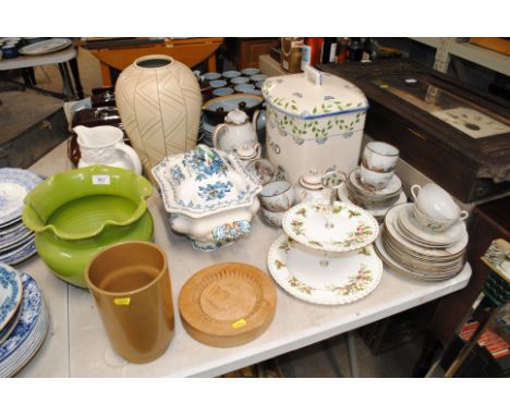 A collection of Oriental eggshell china; a bread bin; a green glazed jardiniere; a Mason's tureen with cover etc.