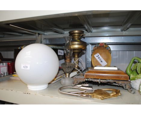 A mirrored twin handled tray, a barometer, table lamp, stool etc.