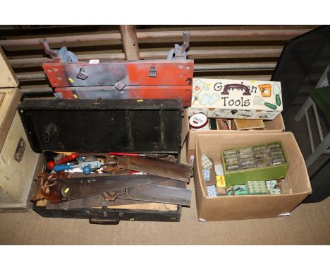 A carpenters tool chest and contents of tools; two boxes containing various fittings; a Black & Decker workmate
