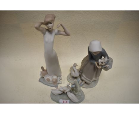 A Nao Figurine, three Geese, a Lladro figurine of girl with Geese and basket and another similar of girl yawning with puppy t