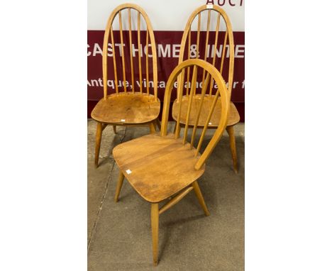 A pair of Ercol Blonde elm and beech Quaker chairs and a Windsor chair 