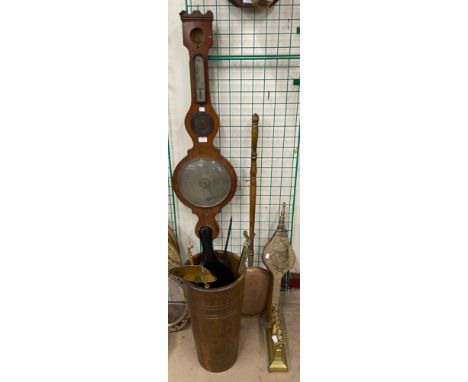 An oak stickstand, assorted brass fireware, a barometer