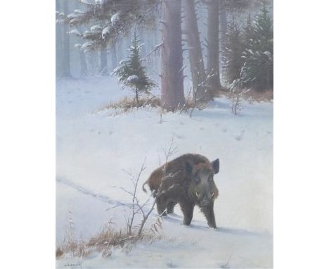 Bauer, K. A. (Karl)1868 Stuttgart - 1942 München, Öl auf Leinen, "Keiler in winterlicher Landschaft", links unten signiert, 5