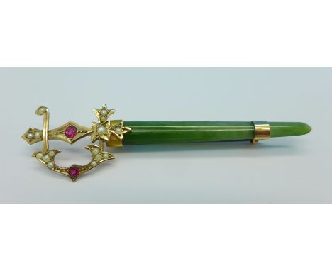 A 9ct gold, ruby, seed pearl and jade dagger brooch, 7cm