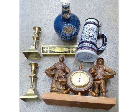 Brassware, an Avon stein, a Spode decanter and a wooden thermometer