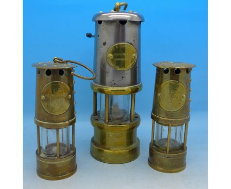 Three miner's lamps, one marked Hockley Lamp & Limelight Company, 17cm