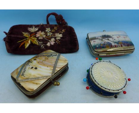 Three purses and a mother of pearl pin cushion