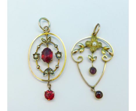 Two 9ct gold, red stone and seed pearl brooches, 3.1g