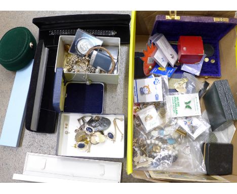 Fashion and costume jewellery, a cased set of balance scales, cigarette lighters including Ronson, empty jewellery boxes, etc