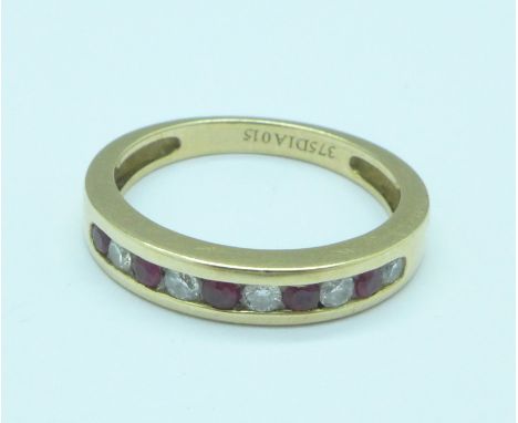 A 9ct gold, diamond and ruby ring, the shank marked 375 Dia 015, 2.4g, K