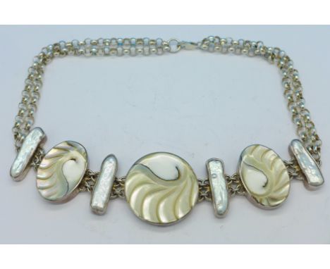 A silver and mother of pearl necklace/choker, 40.5cm, marked 925