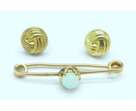 A pair of 9ct gold earrings and a yellow metal and opal brooch, total weight 2.5g