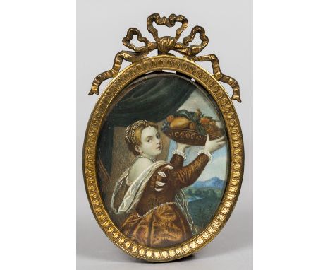 A 19th century portrait miniature on ivoryDepicting a bejewelled young lady holding aloft a bowl of fruit, indistinctly signe