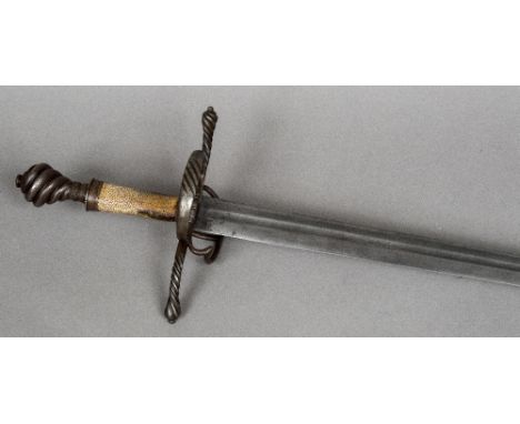 A 16th century German hand-and-a-half swordThe channelled blade with Passau running wolf mark, the guard with curved quillon,