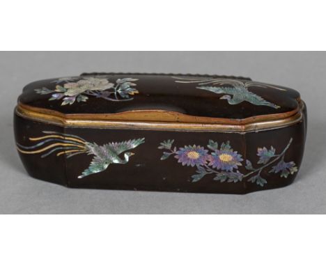 A 19th century mother-of-pearl inlaid lacquered boxOf shaped hinged form, inlaid with ho-ho birds and floral sprays.  15 cm w
