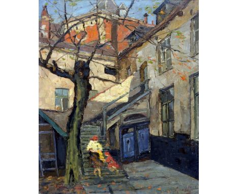 CONTINENTAL SCHOOL (19th/20th century)Figures in a Shaded CourtyardOil on canvasIndistinctly signed49 x 58.5 cm, framed   CON