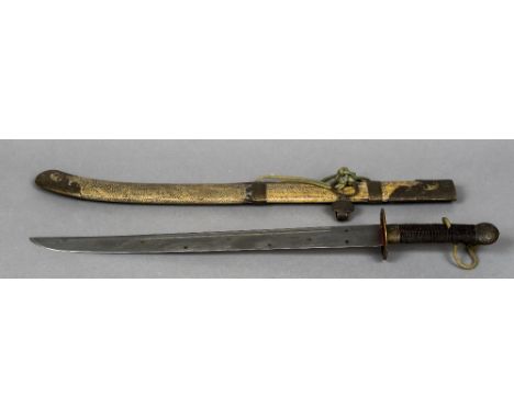 A 19th century Chinese Liuyedao swordOf typical form, housed in a gilt brass mounted shagreen scabbard with hanging mounts.  